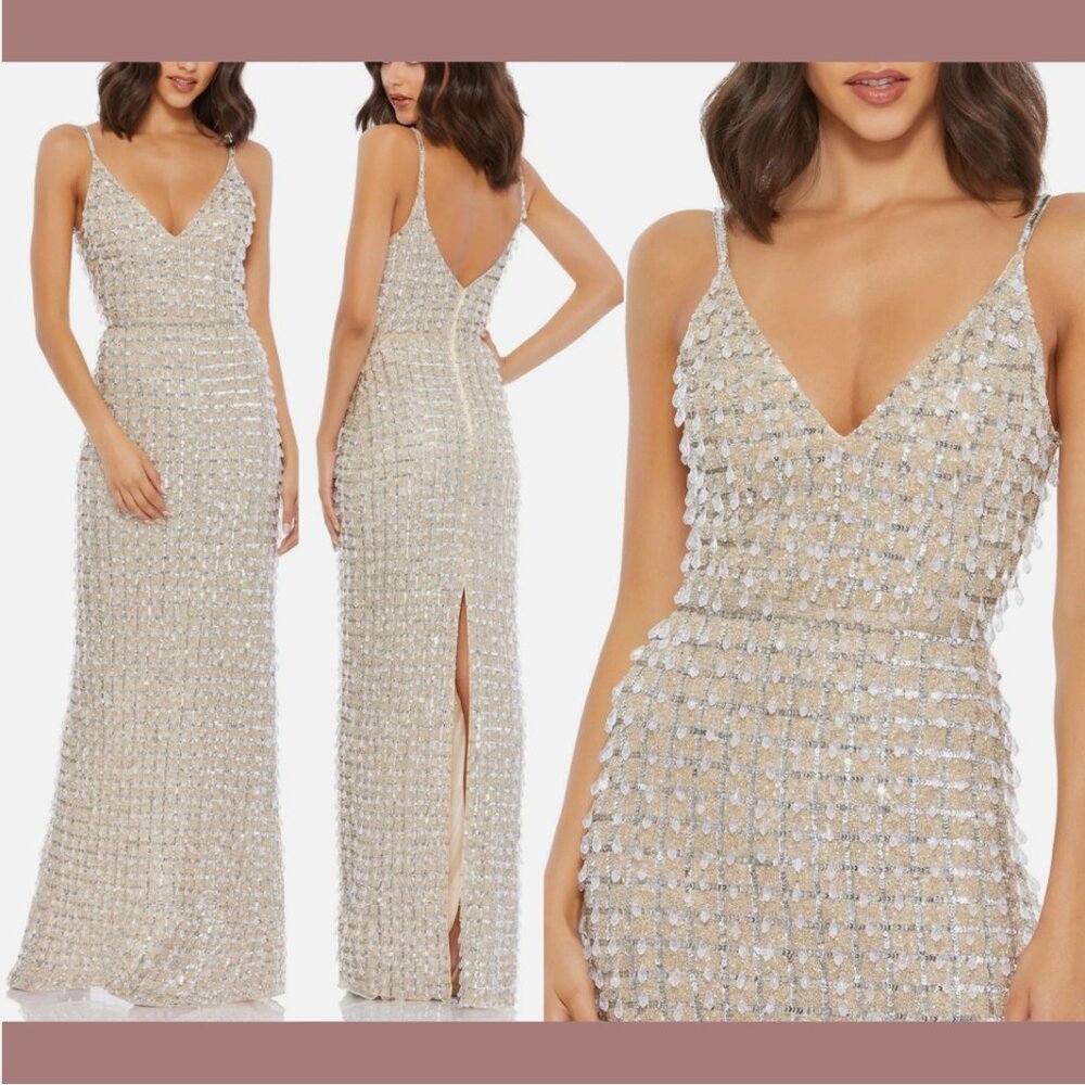 NEW $598‎ Mac Duggal [ 2 ] Geometric Embellished Crystal Drop V-Neck Gown #Q666